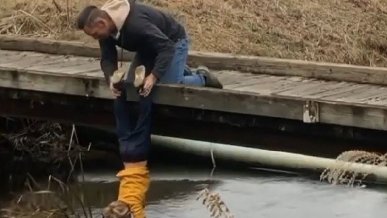 Social media reacts to dad holding son UPSIDE DOWN to collect golf balls